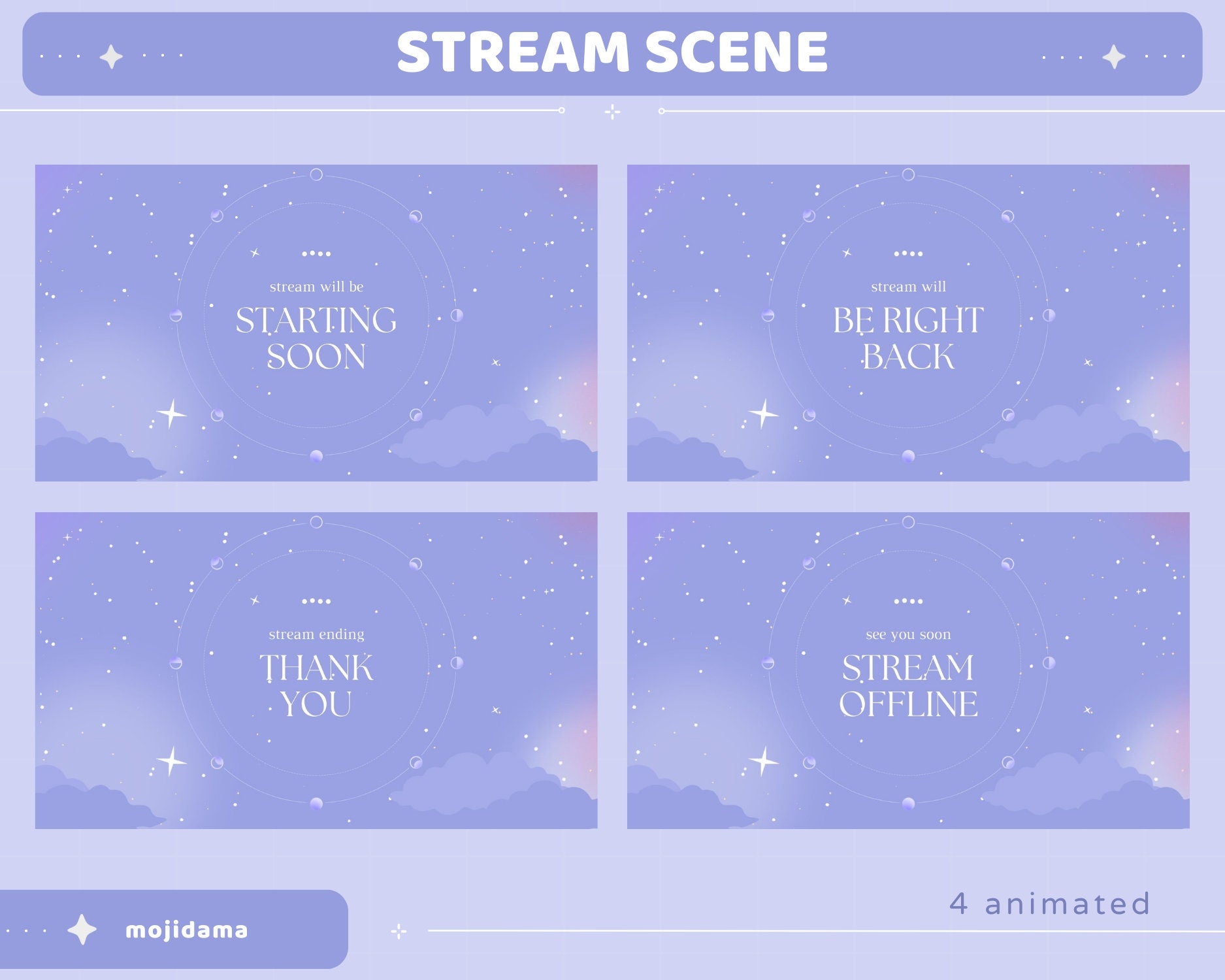 Blue Sky Animated Stream Pack: Purple Starry Vibe - VTuber Overlay (Digital Download)