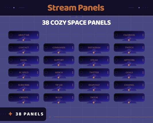 Space Twitch Panels Overlay Set – Black Static Stream Graphics with Stars & Cat Theme