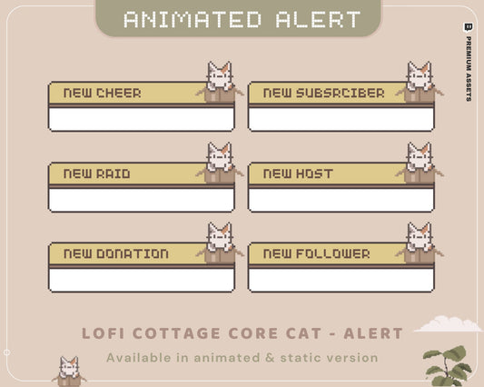 Lofi Cottagecore Cat Animated Stream Alerts: Twitch, YouTube, Kick (Digital Download)