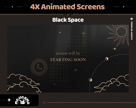 Black Space Animated Stream Screens: Lofi Cosmic Overlay (WEBM, PNG)