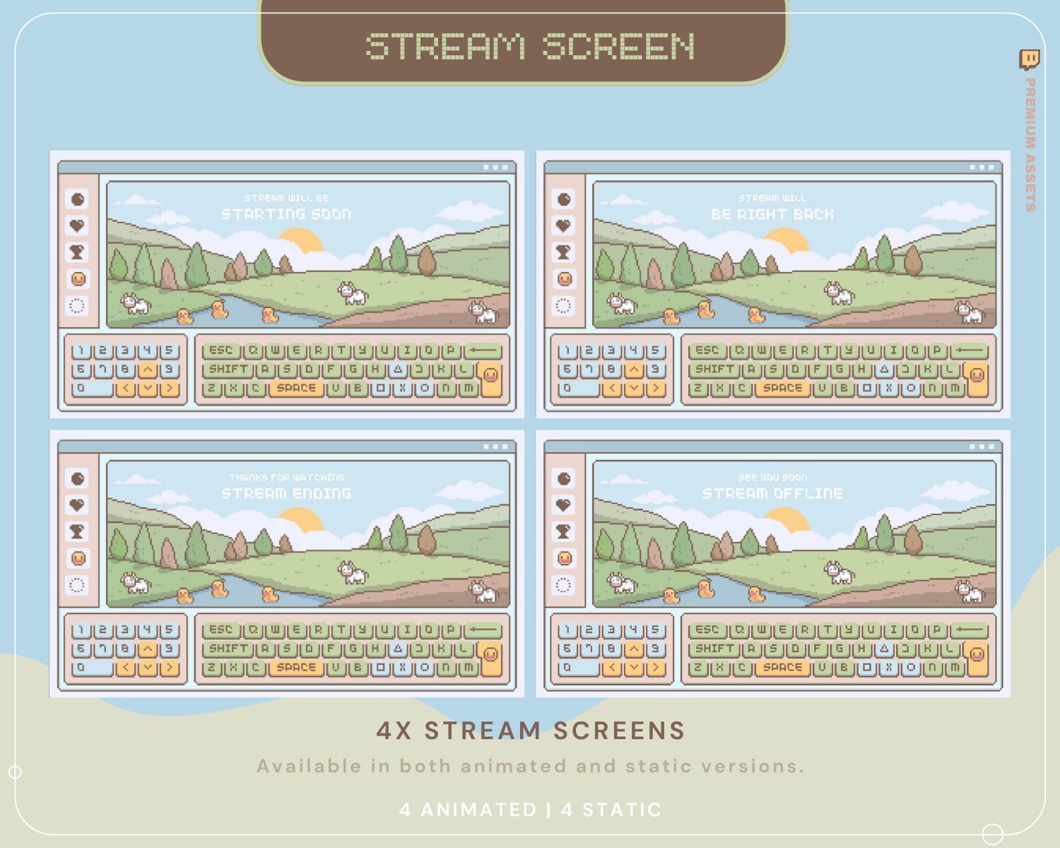 Lofi Farm Twitch Stream Overlay: Animated Cow, Duck, Rabbit (WEBM, PNG)