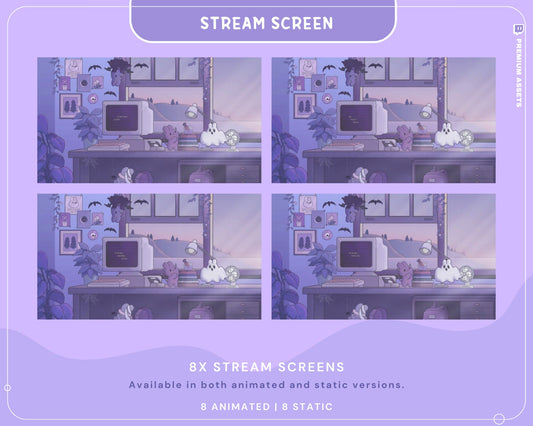 Cozy Twitch Overlay Animation Cute Halloween Bunny Boo Stream Pack Lofi Aesthetic Animated Full Package Purple Blue Pink Rabbit Cat Vtuber