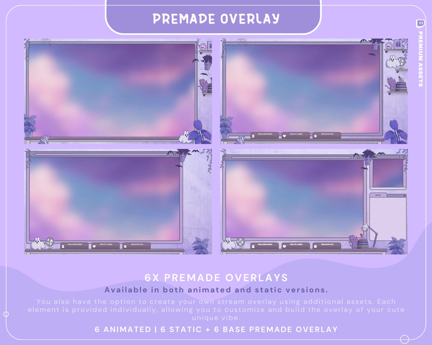 Cozy Twitch Overlay Animation Cute Halloween Bunny Boo Stream Pack Lofi Aesthetic Animated Full Package Purple Blue Pink Rabbit Cat Vtuber
