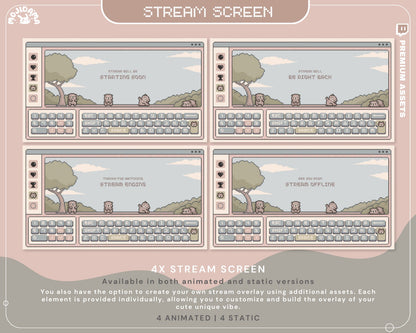 Bear Twitch Overlay Animation Cute Lofi Stream Pack Aesthetic Pixel Green Blue Cat Bunny Alert Animated Obs Streamlabs Full Package Vtuber