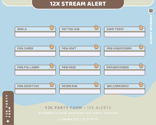 Duck Animated Stream Alerts: Y2K Party Farm, Twitch Overlay (12x)