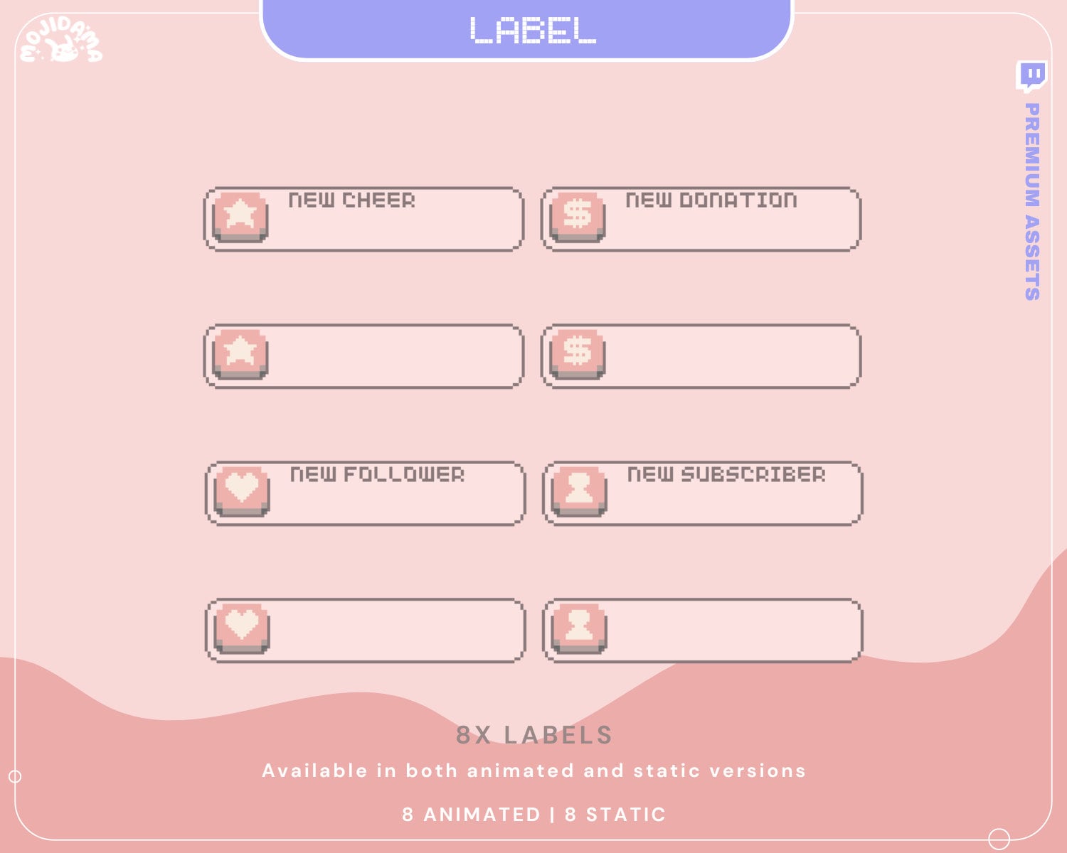 Pink Y2K Lofi Animated Stream Labels: Overlay For Livestream Streamer Twitch Kick Youtube Discord