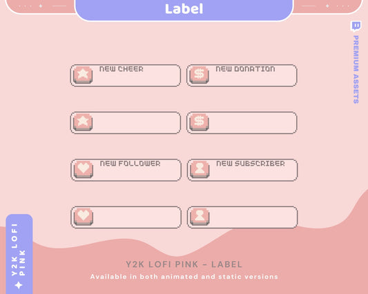 Pink Y2K Lofi Animated Stream Labels: Overlay For Livestream Streamer Twitch Kick Youtube Discord