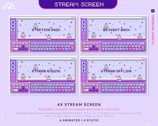 Lofi Bunny Animated Stream Pack: Purple Pink Y2K Theme