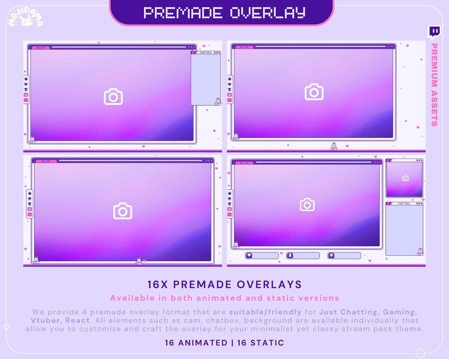 Lofi Bunny Animated Stream Pack: Purple Pink Y2K Theme