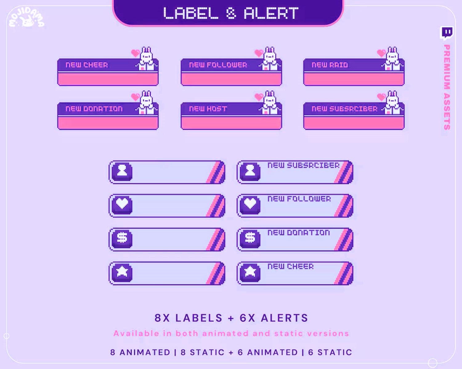 Lofi Bunny Animated Stream Pack: Purple Pink Y2K Theme
