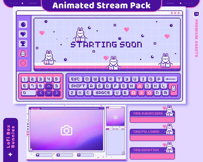 Lofi Bunny Animated Stream Pack: Purple Pink Y2K Theme