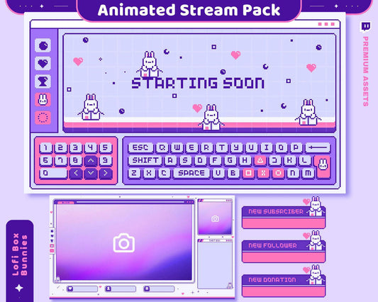 Lofi Bunny Animated Stream Pack: Purple Pink Y2K Theme