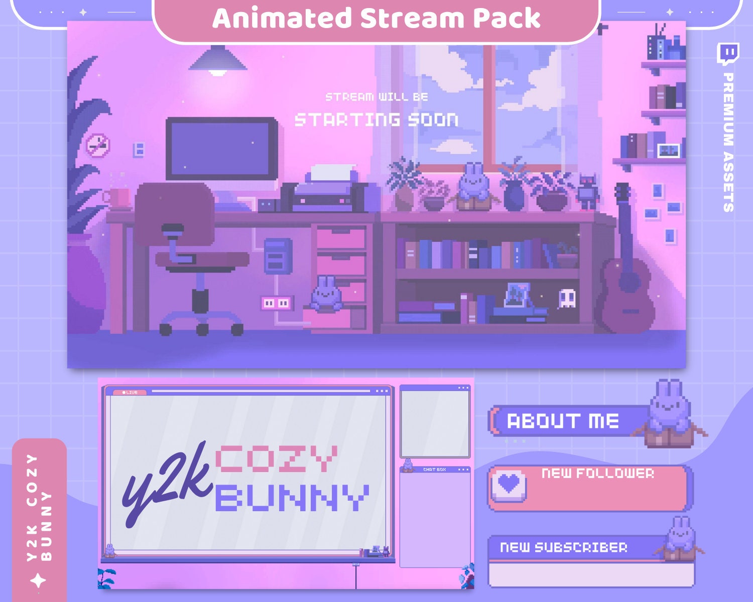 Elevate your Twitch streams with an animated pink and purple overlay, adding vibrant colors to your visuals.