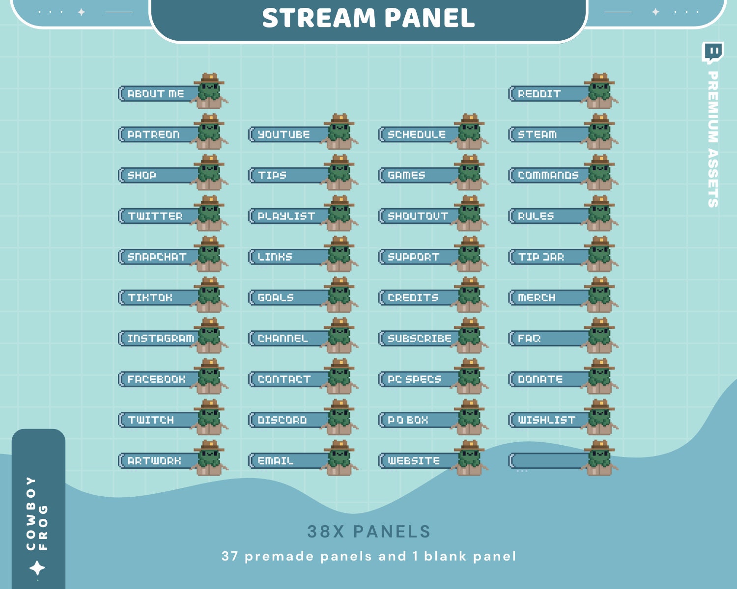 Cute Twitch Panel Frog Lake Sea Ocean Blue Green Aesthetic Panels Lofi Cat Stream Pixel Just Chatting Vtubber Streaming Kick Streamer Retro