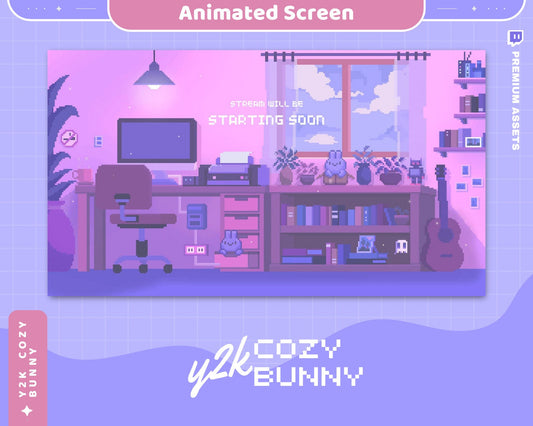 Pink Purple Cozy Bunny Stream Screens: Animated Y2K Twitch Overlay