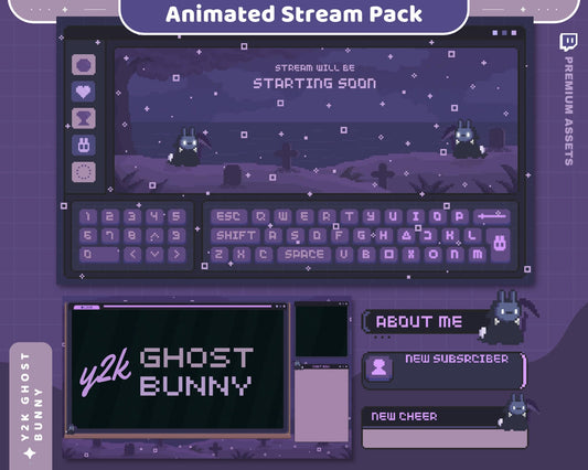 The Bunny Animation Stream Pack features dark purple overlays perfect for creating a spooky and cute streaming aesthetic.