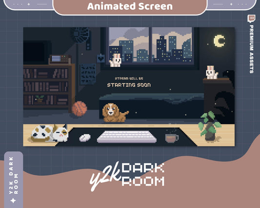 Y2K Dark Room Animated Twitch Stream Screens: Cat, Dog, Bunny (WEBM)
