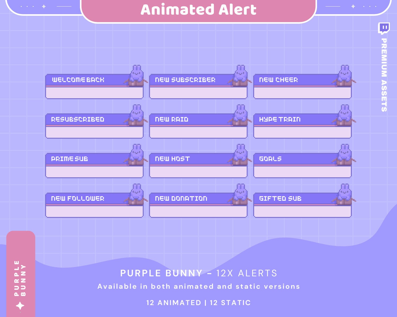 Purple Bunny Twitch Alert Overlay: Animated Lofi Stream Package (Digital Download)
