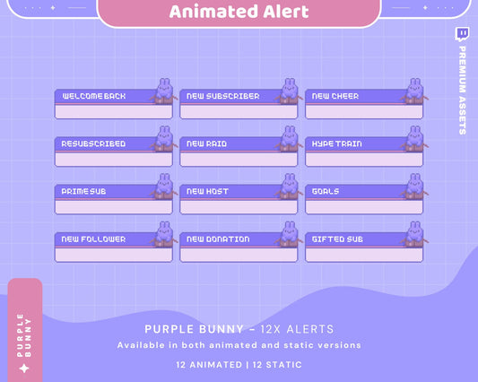 Purple Bunny Twitch Alert Overlay: Animated Lofi Stream Package (Digital Download)
