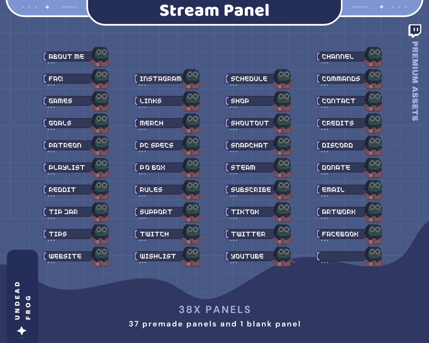 Frog Twitch Stream Panels: Lofi Ghost Theme, 38 Static .PNG Overlays