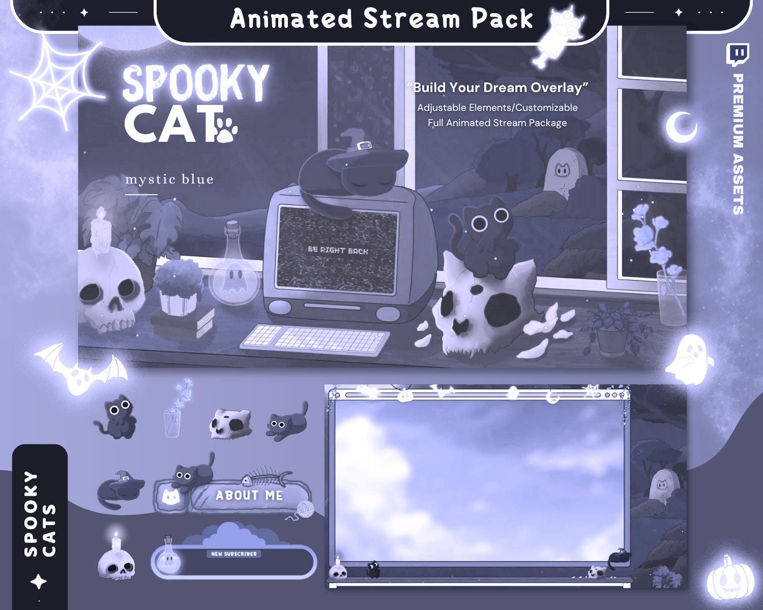 Halloween Twitch Overlay Pack Cat Stream Vtuber Animation Overlaye Kitty Cute Spooky Full Streaming Package Obs Streamlabs Lofi Aesthetic