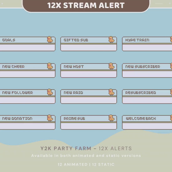 Duck Animated Stream Alerts: Y2K Party Farm, Twitch Overlay (12x)